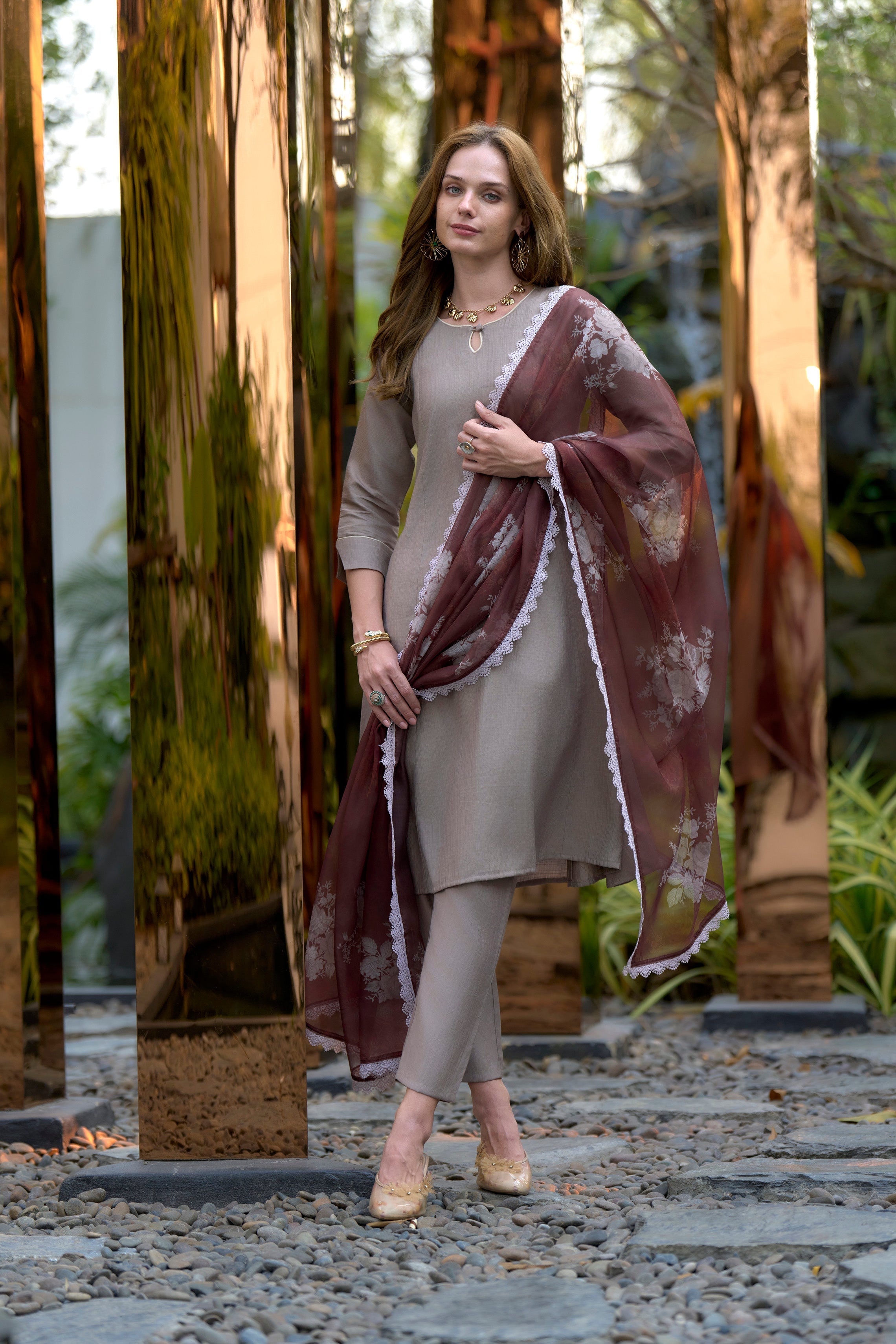Brown Vatican Kurti Set with 3/4 Sleeves and Organza Dupatta with Pocket Pant